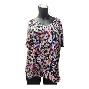 Metaphor Sheer Blouse Women L Pink Multicolor Floral Semi-Sheer Short Sleeve Top
